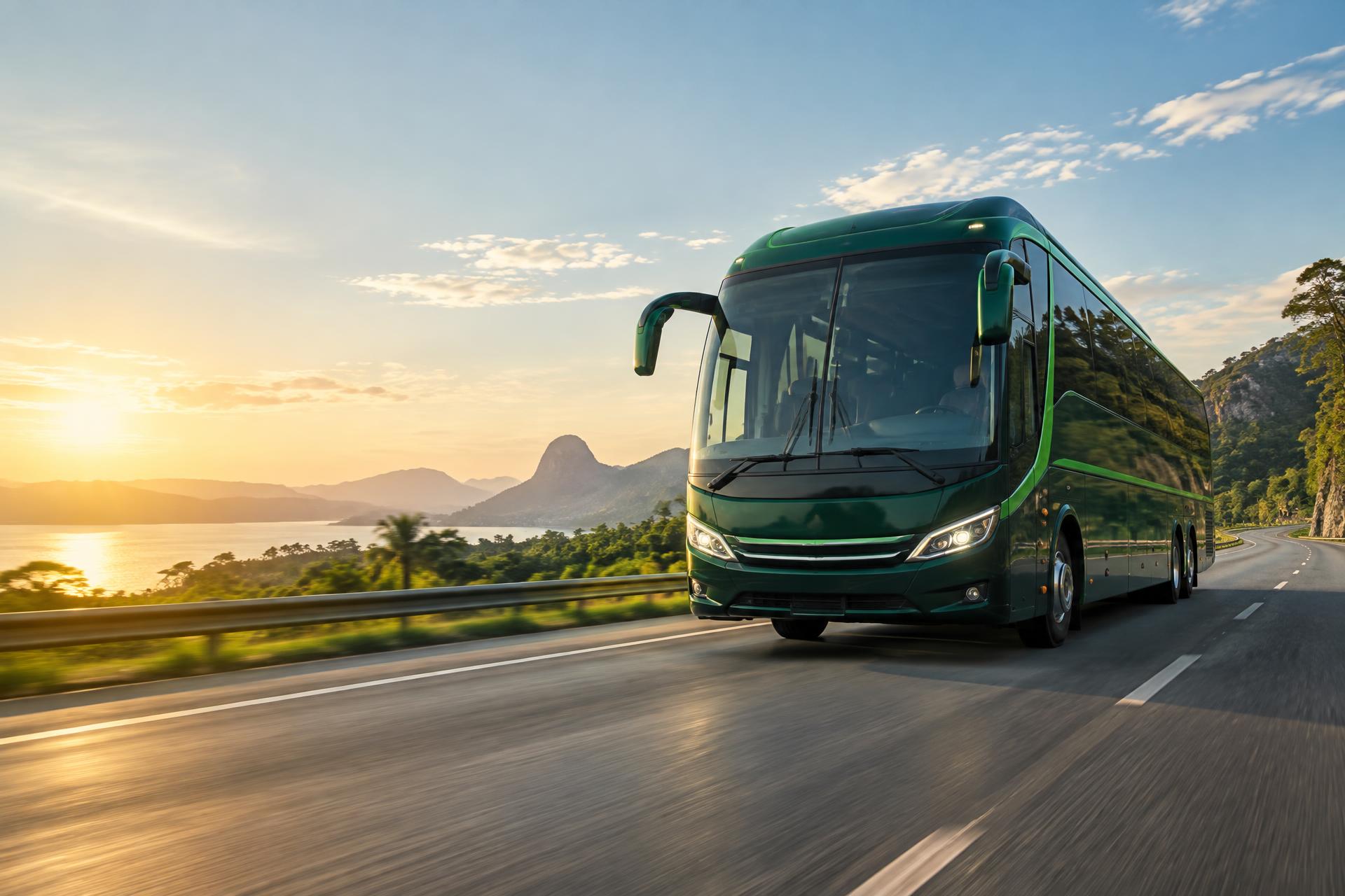Ônibus rodoviário verde viajando por uma estrada ao nascer do sol